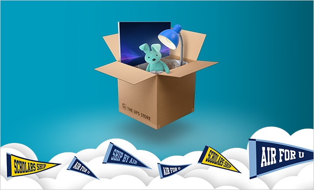 CAJA DE ENVÍO CON LA MARCA DE THE UPS STORE CON ARTÍCULOS PARA EL REGRESO AL CAMPUS EN SU INTERIOR