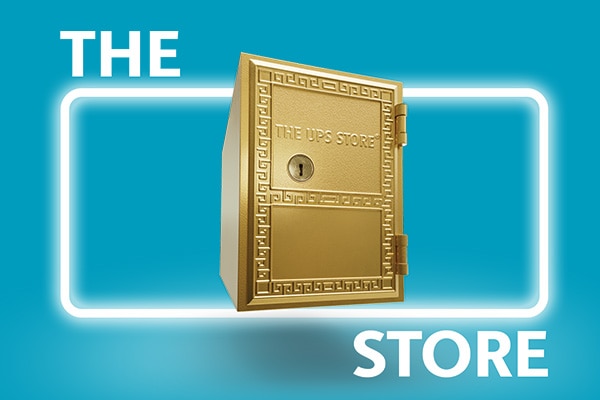 The UPS Store golden mailbox in front of a glowing white square